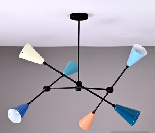 Adjustable Colorful Multi-shade Brass Chandelier, 6 Lights Modern Geometric Funky Color Ceiling Light, Contemporary Statement Light Fixture