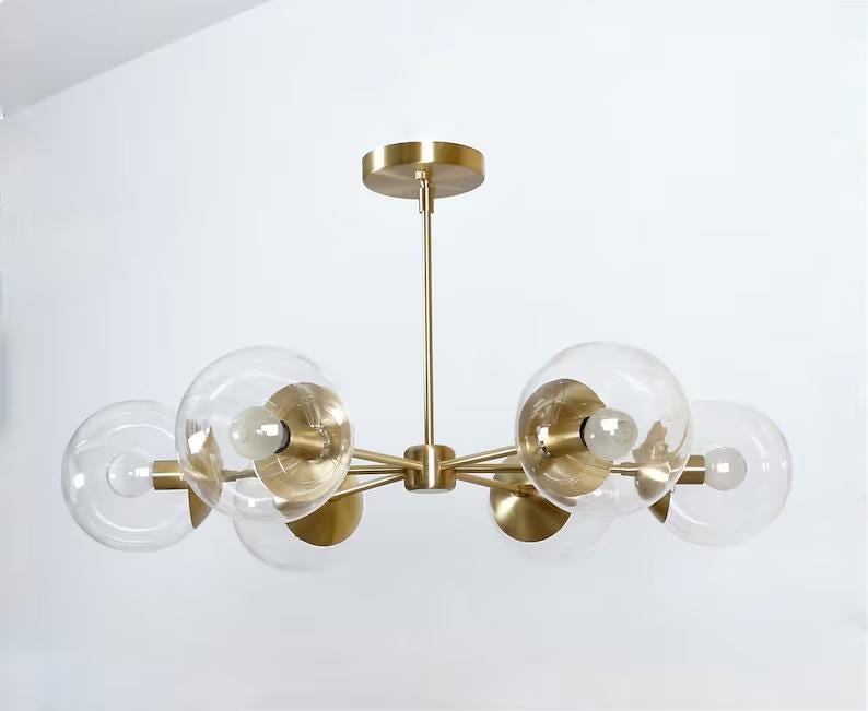 Gorgeous 6 Light Glass Globe Mid Century Modern Sputnik Brass Chandelier, Handcrafted Ceiling Light Customizable Pendant Light Fixture