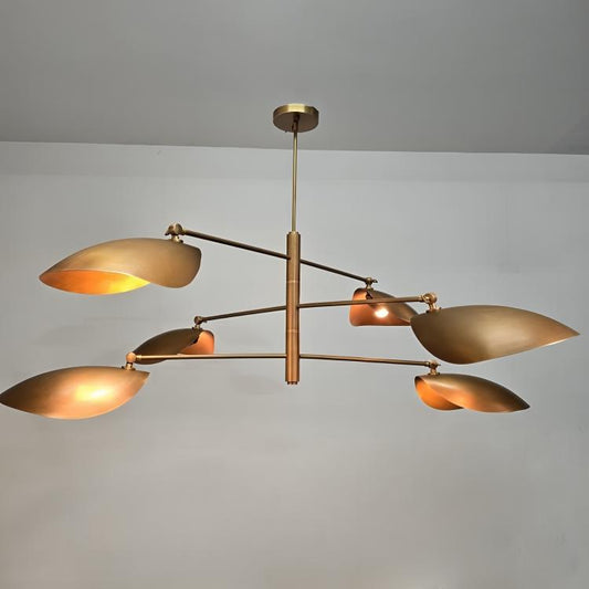 Mid Century Modern Curved Disk Chandelier, 6 Light Leaf Shade Sputnik Brass Chandelier, Handmade Italian Style Vintage Ceiling Light Fixture