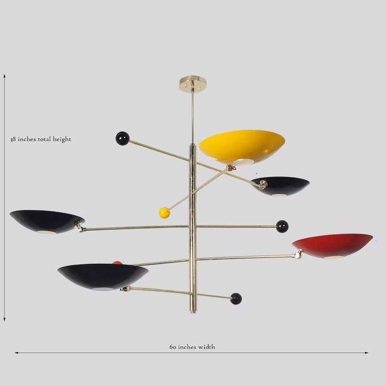 Stilnovo Style Counterbalance Multicolor Brass Chandelier, Mid Century Modern 5 Light Disk Shade Lamp, Counterweight Ceiling Light Fixture