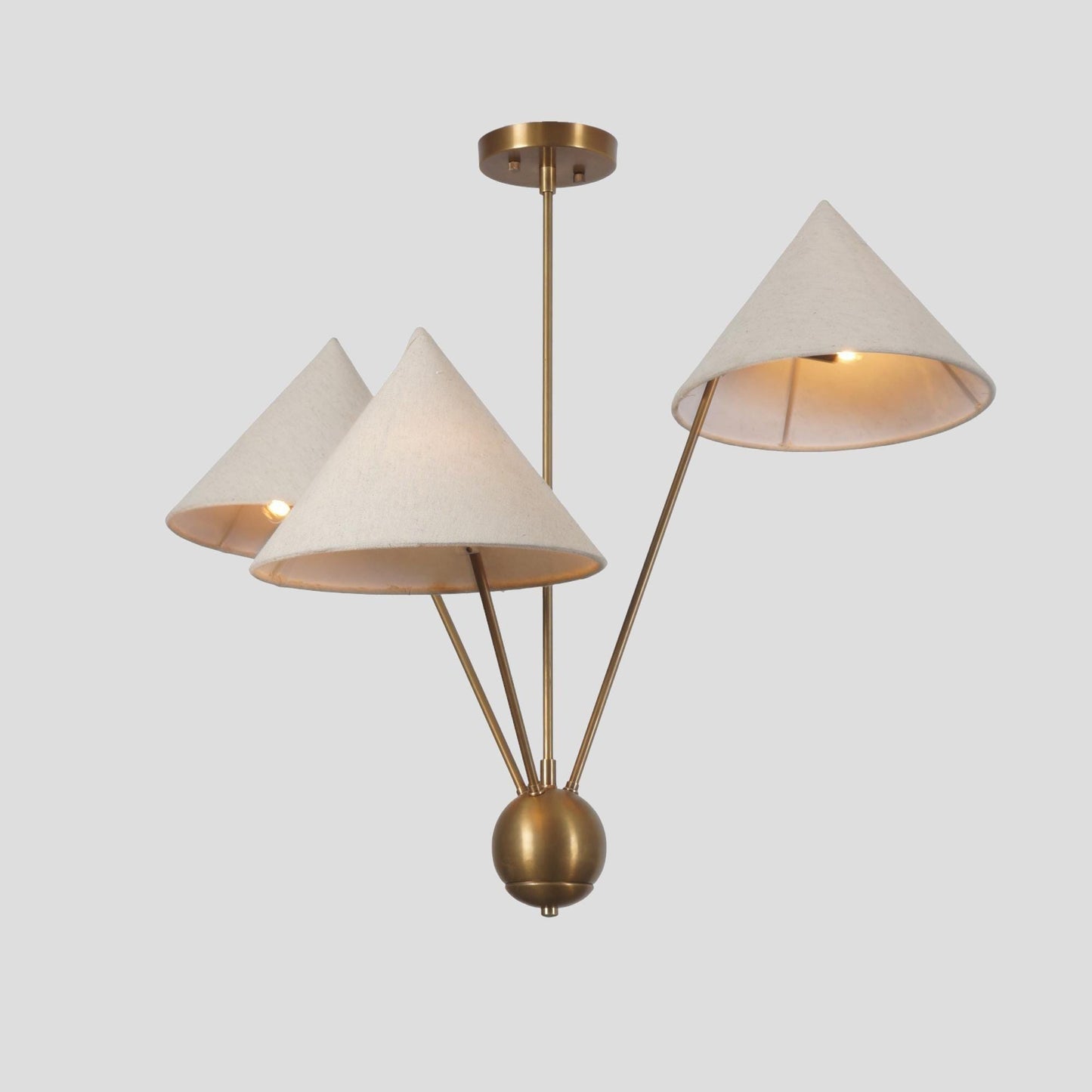 Linen Shade Italian Mantis Chandelier Brass Sputnik Chandelier, Mid Century Modern Conical Ceiling Light Fixture Art Deco Wabi Sabi 3 Lights