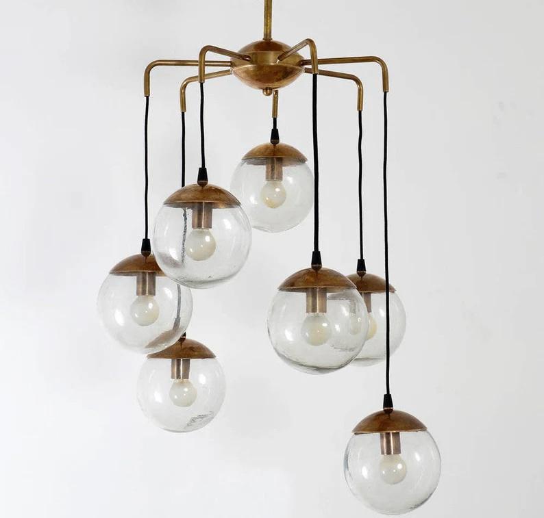 Mid Century Modern Bubbles Chandelier, Handcrafted Lamp Ceiling Lighting, Brass Lights Glass Globe Design Pendant Light Fixture