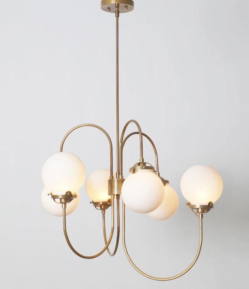 Mid Century Modern Bubble Gooseneck Globe Chandelier, Brass Frame Glass Globe Design Pendant Light Fixture Handcrafted Lamp Ceiling Light
