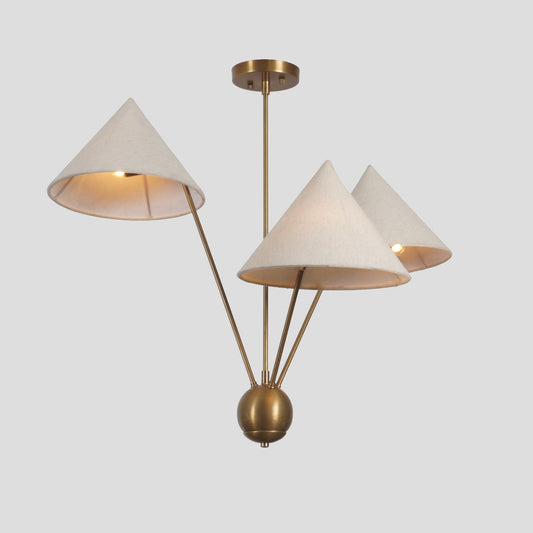 Linen Shade Italian Mantis Chandelier Brass Sputnik Chandelier, Mid Century Modern Conical Ceiling Light Fixture Art Deco Wabi Sabi 3 Lights