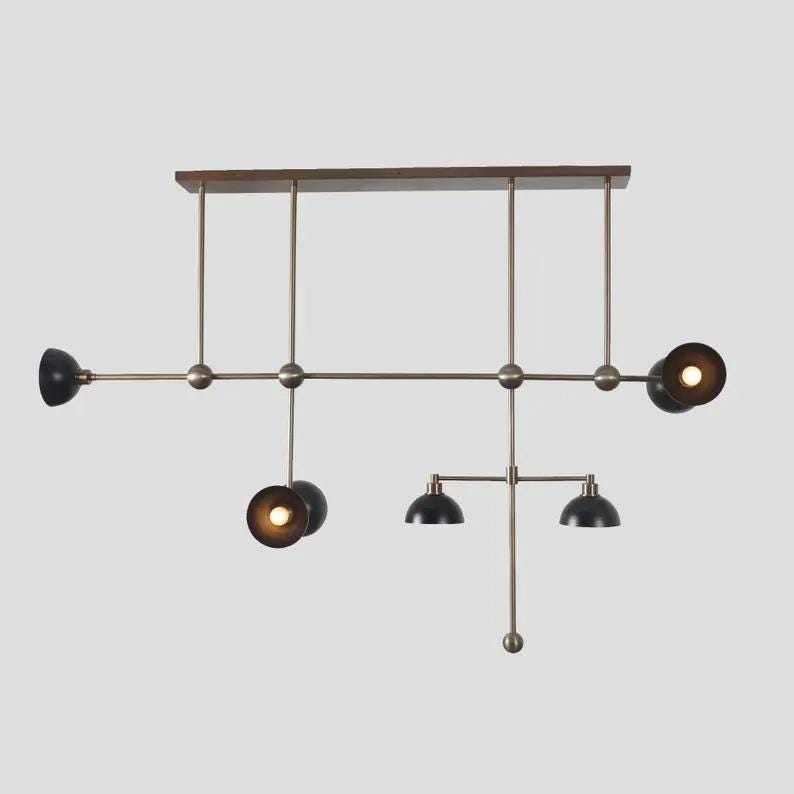 Asymmetrical Structure Bowl Shade Hanging Chandelier, Mid Century Modern Seven Lights Dome Shade Brass Sputnik Ceiling Light Fixture