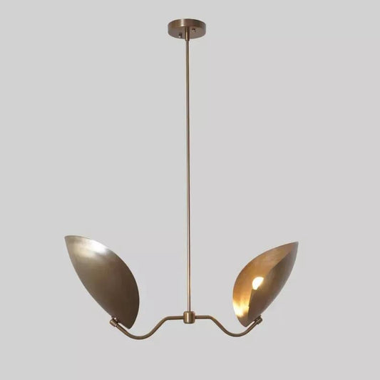 Mid Century Modern Brass Petal Chandelier, Sculptural Italian Inspired Handcrafted Dual Curved Shape 2 Light Ceiling Pendant Light Fixture