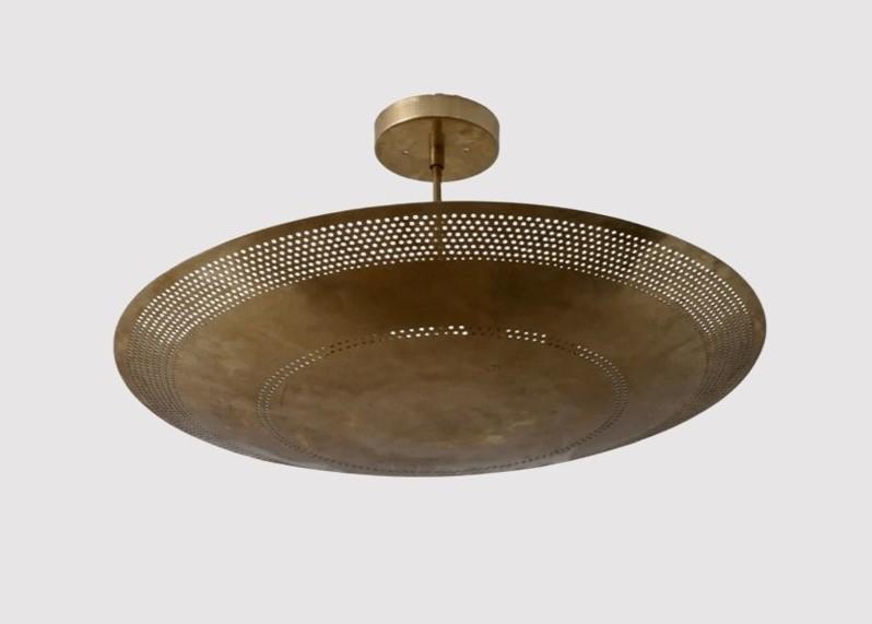 Perforated Dome Shape Rey Chandelier Semi Flush Mount Ceiling Light Fixture, Mid Century Modern Paavo Tynell Style 6 Light Brass Chandelier