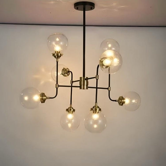 Modern Bistro Glass Globe Brass Chandelier, Handcrafted Bubble Ceiling Light, Mid Century Modern 8 Glass Globe Design Hanging Light Fixture