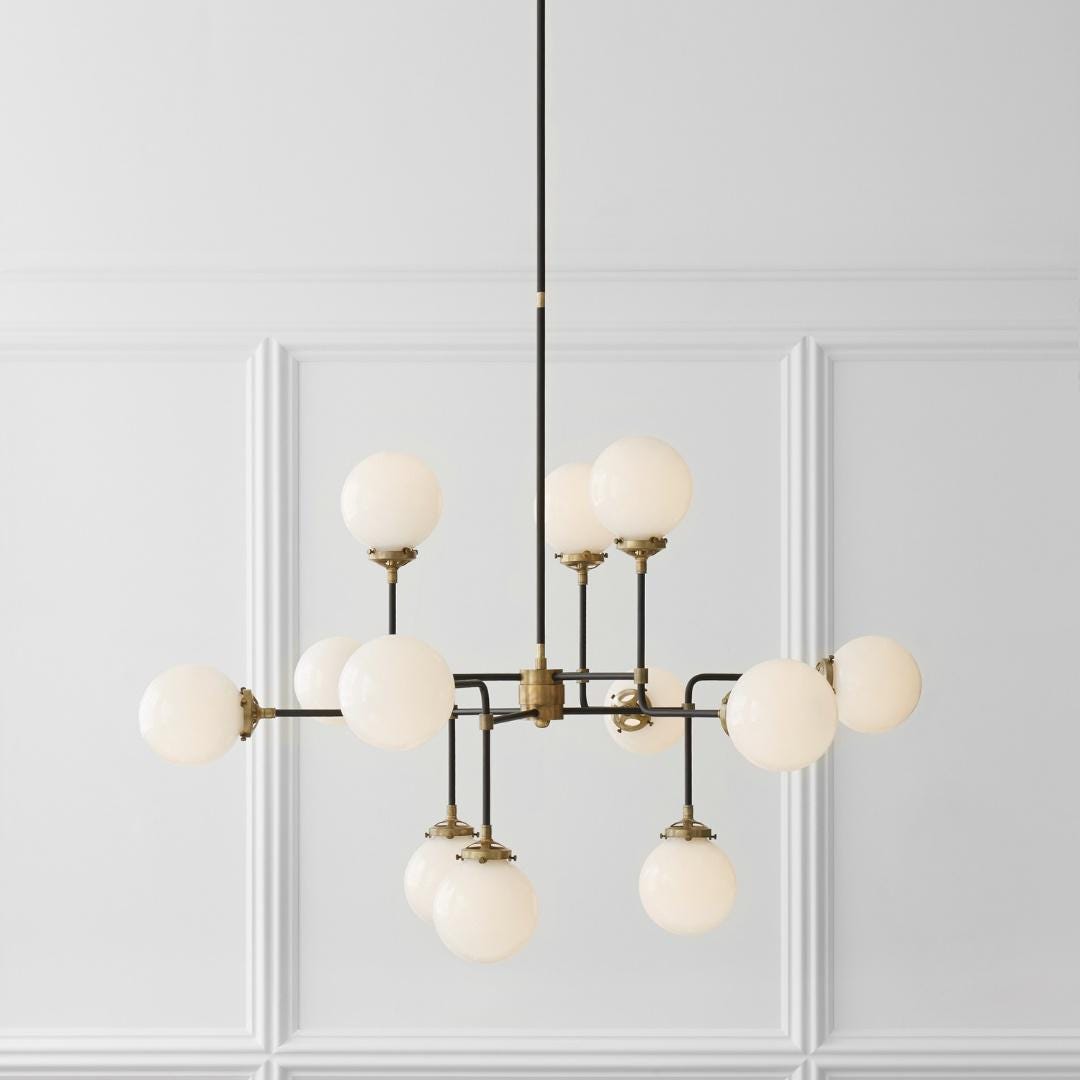 Large Bistro Glass Globe Mid Century Modern Chandelier, Handcrafted Brass Ceiling Light, Modern 12 Glass Globe Design Hanging Light Fixture
