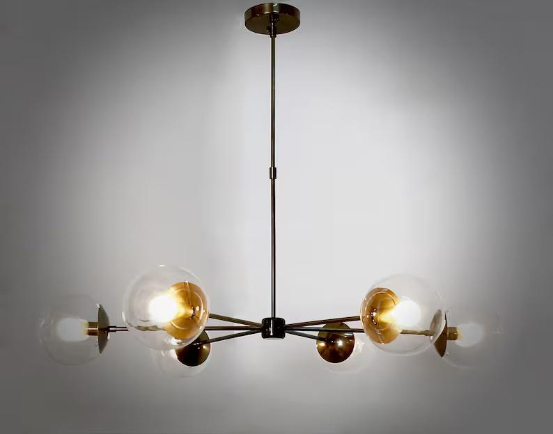 Gorgeous 6 Light Glass Globe Mid Century Modern Sputnik Brass Chandelier, Handcrafted Ceiling Light Customizable Pendant Light Fixture