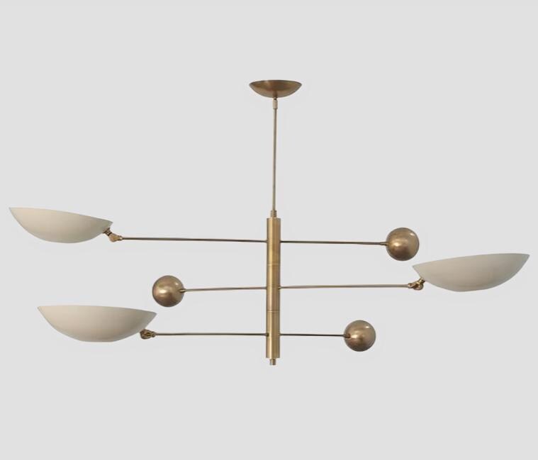 Stilnovo Style Adjustable Counterbalance Ceiling Lamp, Italian Counterweight 3 Shade Brass Chandelier, 1960s Inspired Mid Century Light