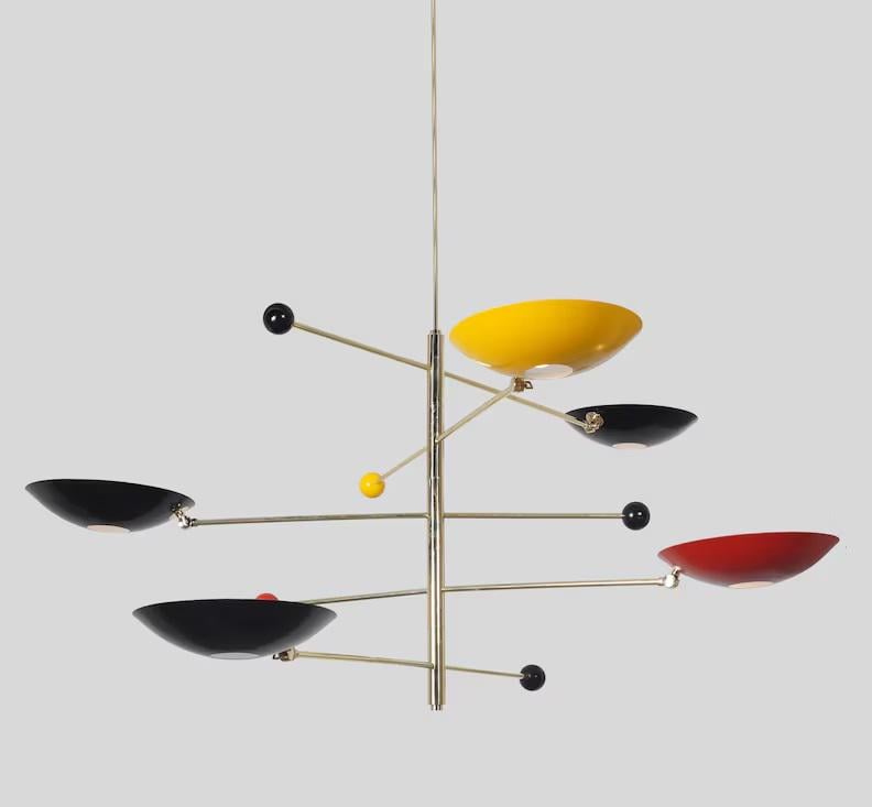 Stilnovo Style Counterbalance Multicolor Brass Chandelier, Mid Century Modern 5 Light Disk Shade Lamp, Counterweight Ceiling Light Fixture
