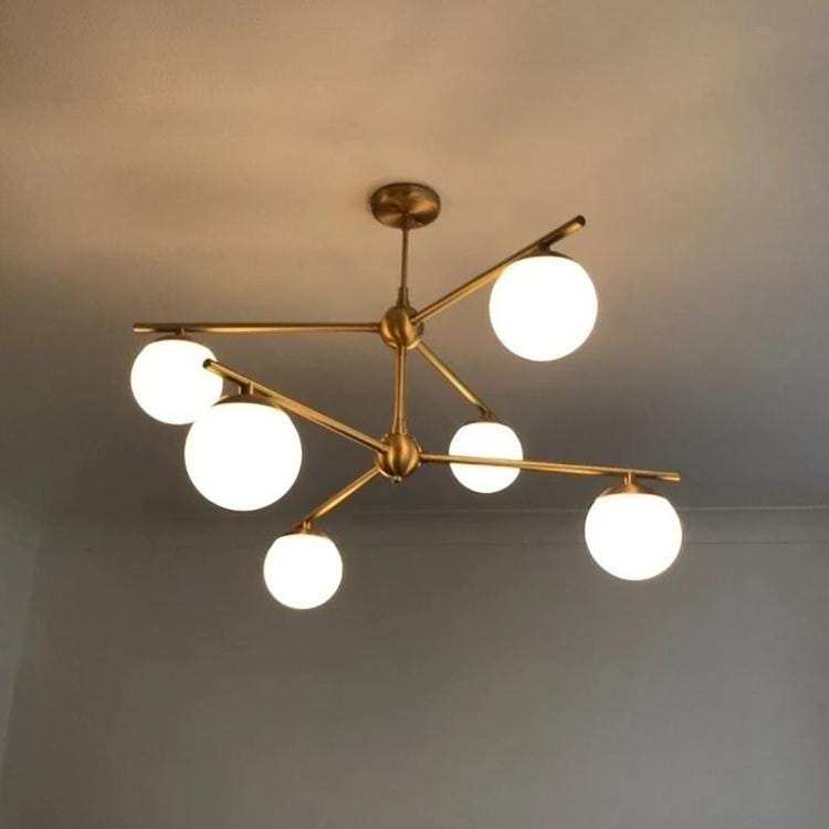 6 Globe Mid Century Modern Sputnik Chandelier, Handcrafted Bubble Glass Ceiling Light, Brass Chandelier Glass Globe Pendant Light Fixture