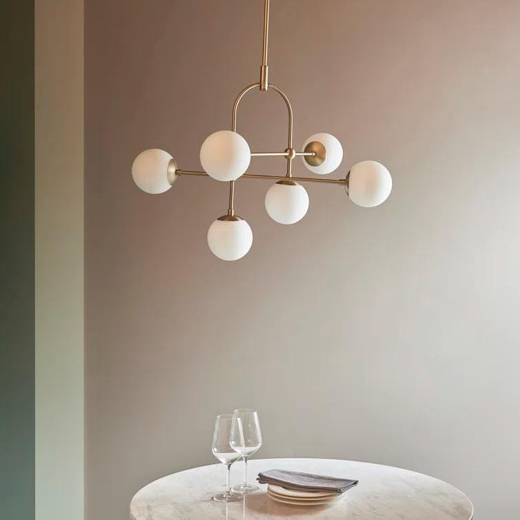 Elegant Arco Brass Globe Chandelier, Mid Century Modern Brass High Ceiling Light Fixture, Glass Globes Dreamy Bubble Chandelier 6 Lights