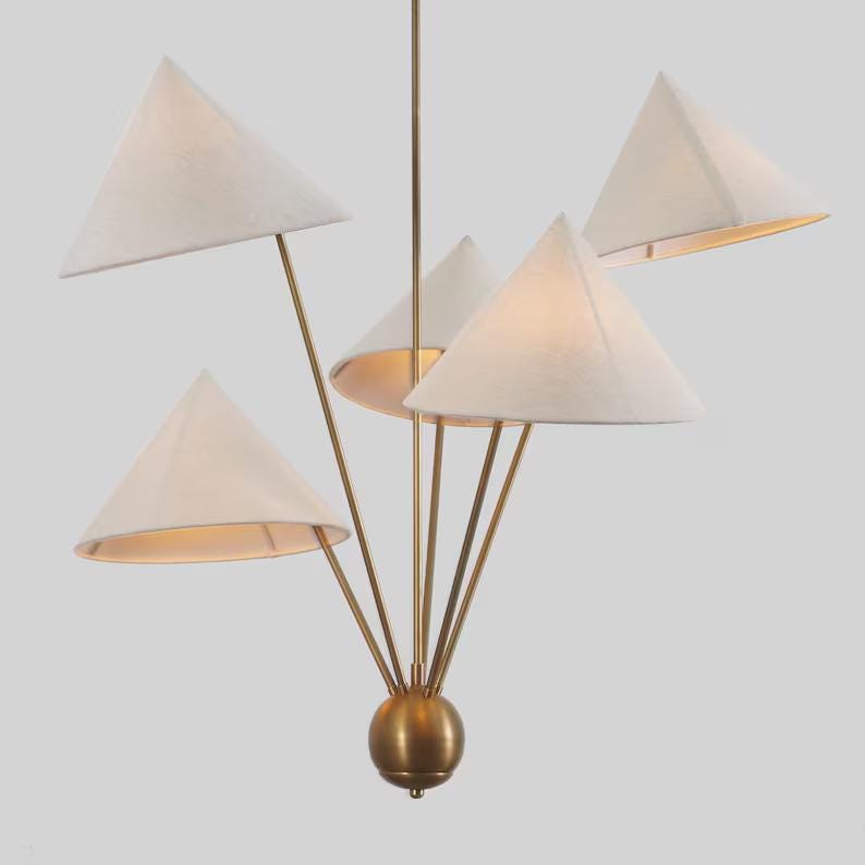 Italian Linen Shade Mantis Chandelier Brass Sputnik Chandelier, Mid Century Modern Conical Ceiling Light Fixture Art Deco Wabi Sabi 5 Lights
