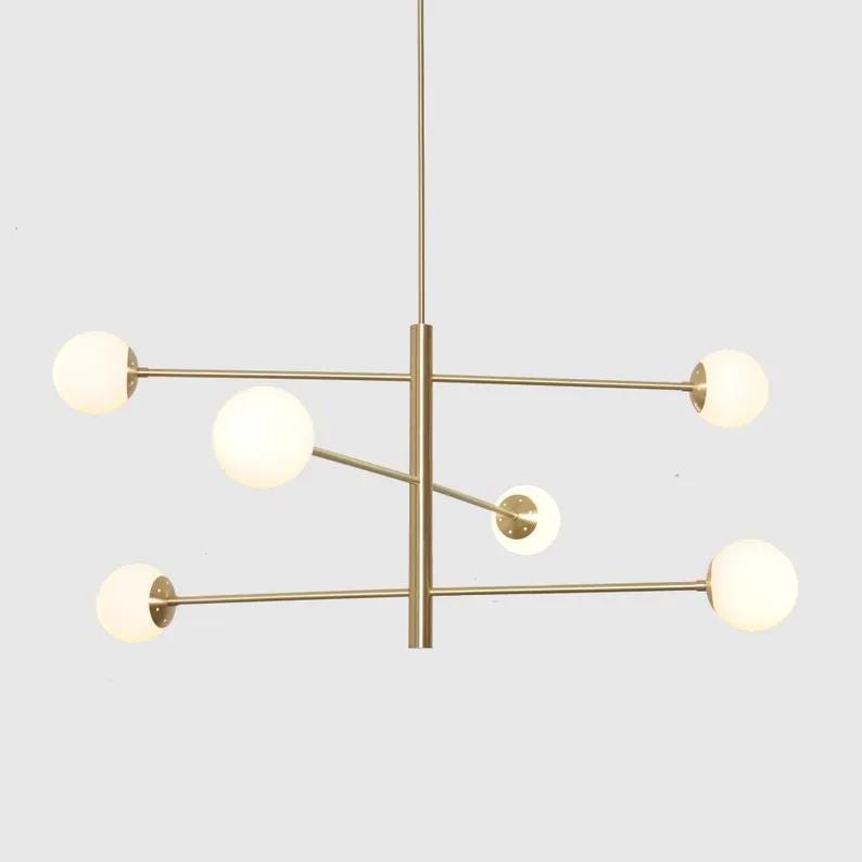 Minimalist Six Globe Ceiling Light Mid Century Modern Sputnik Brass Chandelier, Handcrafted Glass Globe Design Pendant Ceiling Light Fixture