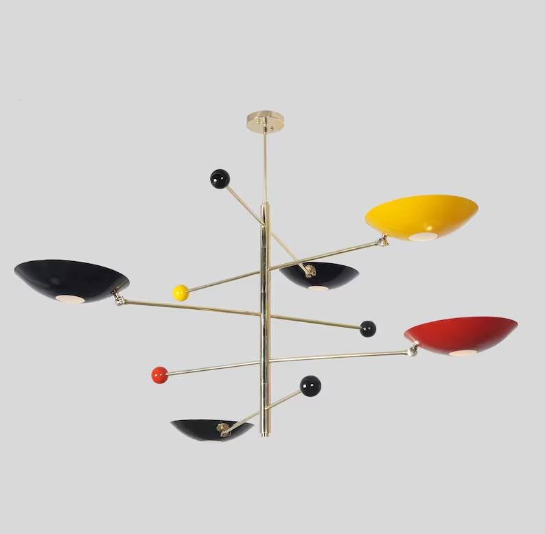 Stilnovo Style Counterbalance Multicolor Brass Chandelier, Mid Century Modern 5 Light Disk Shade Lamp, Counterweight Ceiling Light Fixture
