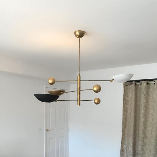 Stilnovo Style Adjustable Counterbalance Ceiling Lamp, Italian Counterweight 3 Shade Brass Chandelier,  1960s Inspired Mid Century Light