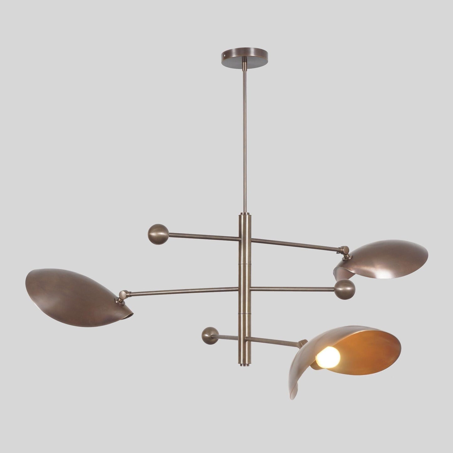 Italian Style Counterbalance Curved Shape Ceiling Lamp, Counterweight 3 Shade Brass Chandelier, Mid Century Modern Light 1960s Inspired