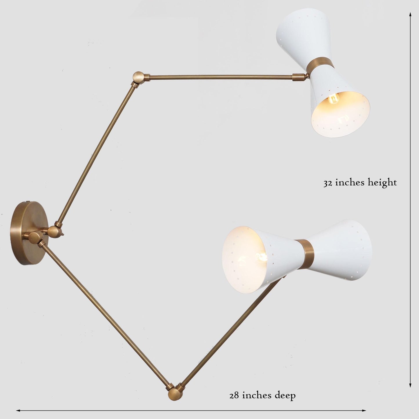 Stilnovo Style Diabolo Adjustable Twin Wall Sconce, Handcrafted Articulated Double Brass Wall Lamp, Mid Century Style Solid Brass Wall Light