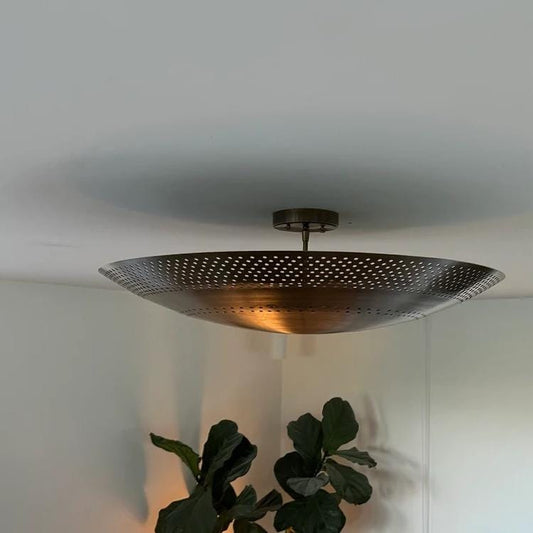 Dome Shade Perforated Tynell Style Inspired Ceiling Pendant Light, Mid Century Modern Rey Chandelier 6 Light Brass Light Fixture