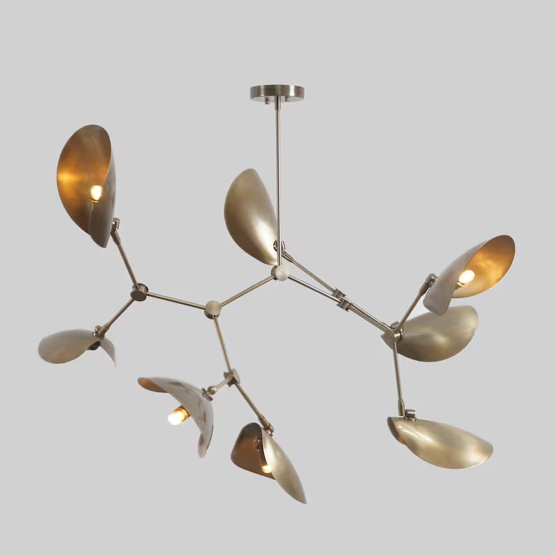 Stingray Brass Mid Century Modern Chandelier, Handcrafted 8 Arm Sputnik Light Fixture, Custom Curved Disk Multi Shade Large Ceiling Light