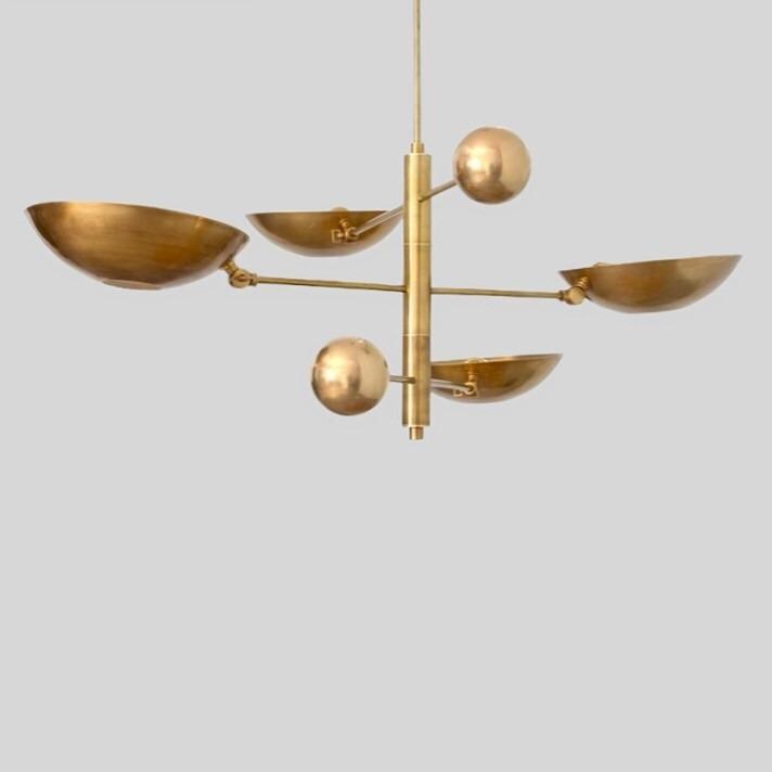 Counterbalance 4 Disk Shade Brass Chandelier, Mid Century Modern Stilnovo Style Counterweight Brass Ceiling Light Fixture Sputnik Chandelier