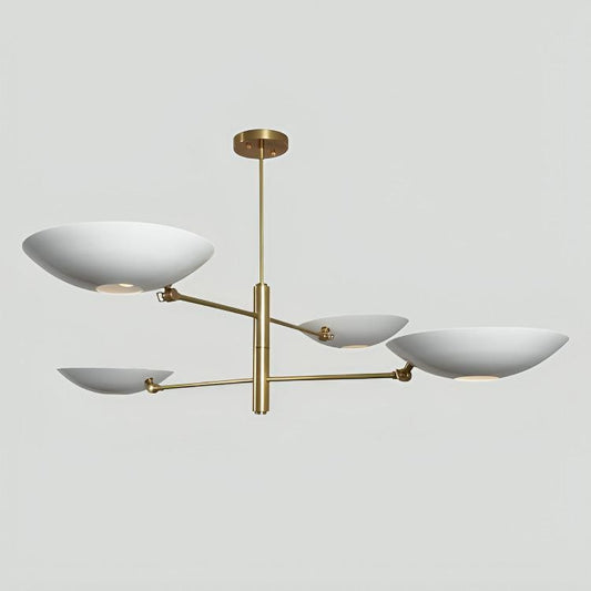 White Disk Counterbalance Shade Brass Chandelier, Mid Century Modern Stilnovo Style Counterweight Handcrafted Brass Ceiling Light Fixture