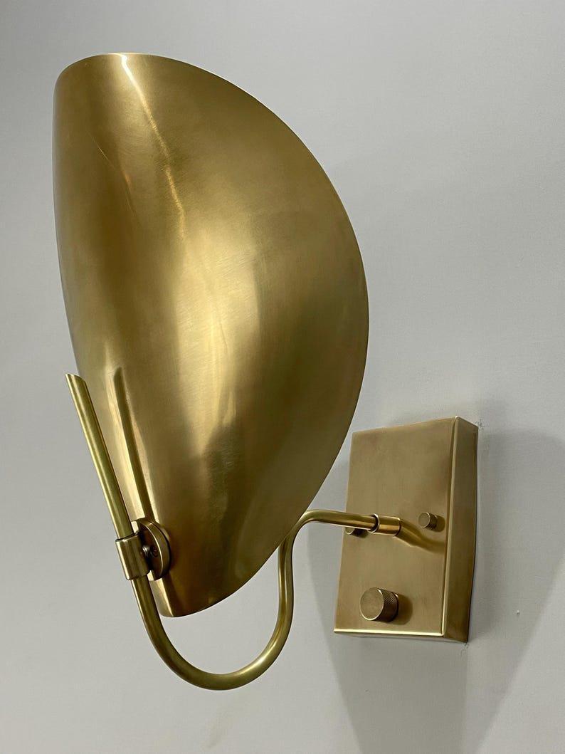 Mid Century Modern Italian Raw Brass Wall Sconce, Handcrafted Curved Disk Shade Vintage Inspired Light Fixture with Dimmer & on/off Switch