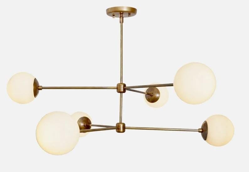 Midcentury Modern 6 Globe Sputnik Chandelier, Handcrafted Brass Sputnik Lamp Ceiling Light, Glass Globe Design Pendant Light Fixture