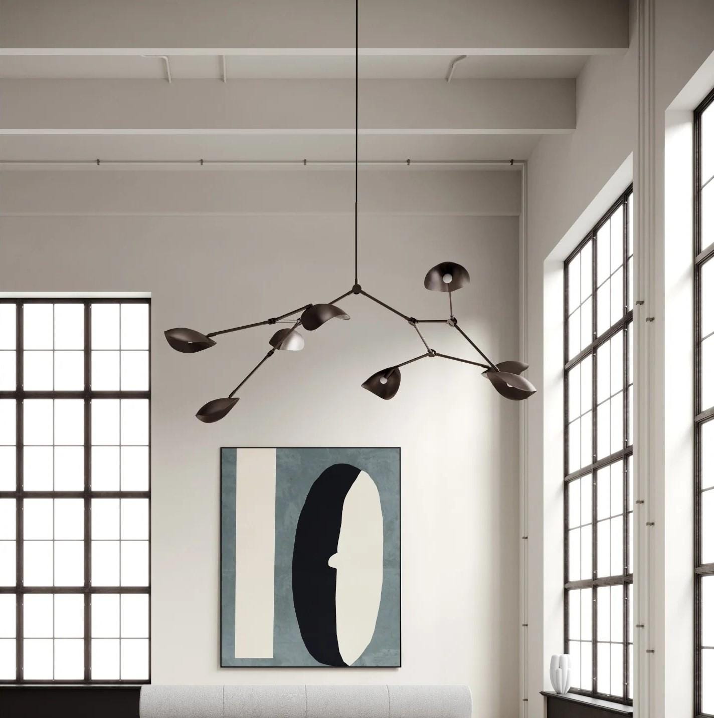 Stingray Brass Mid Century Modern Chandelier, Handcrafted 8 Arm Sputnik Light Fixture, Custom Curved Disk Multi Shade Large Ceiling Light