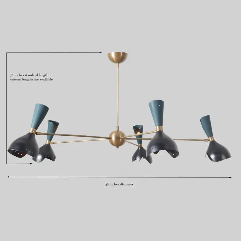 Large Stilnovo Style 5 Arms 10 Lights Raw Brass Sputnik Chandelier Light Fixture, Handcrafted Brass Chandelier, Unique Design Ceiling Light