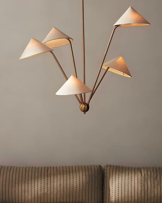 Italian Linen Shade Mantis Chandelier Brass Sputnik Chandelier, Mid Century Modern Conical Ceiling Light Fixture Art Deco Wabi Sabi 5 Lights