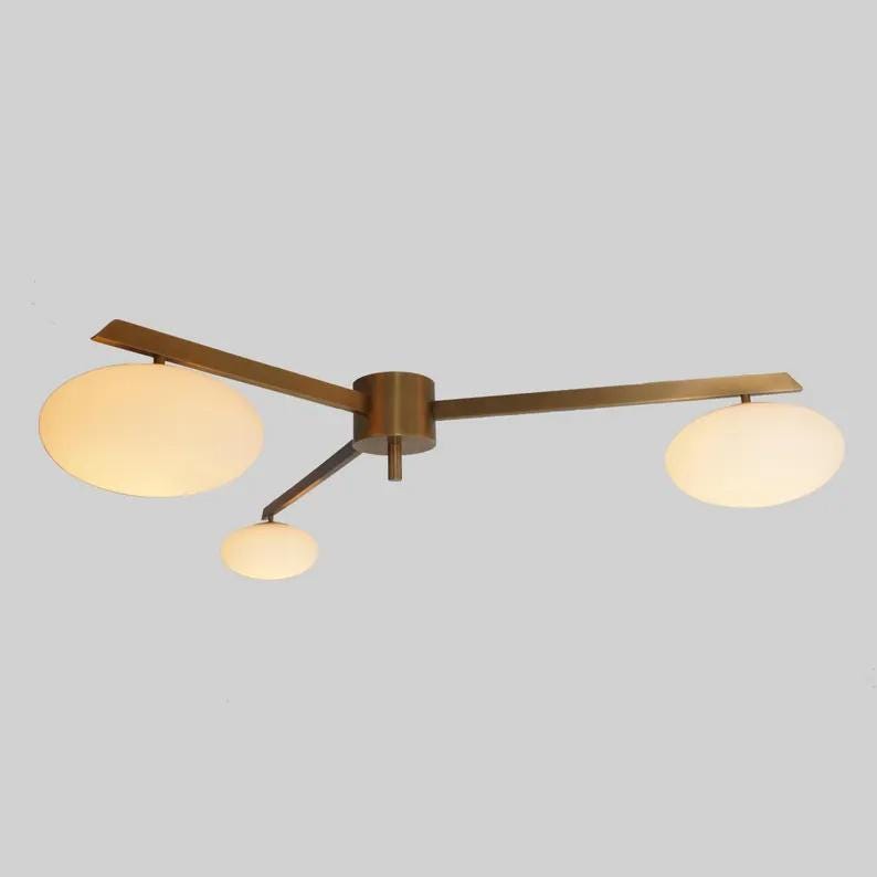 Mid Century Lelii Style Brass Chandelier Flush Mount Low Ceiling Chandelier Vintage Design Italian Style 3 Arm Globe Pendant Light Fixture