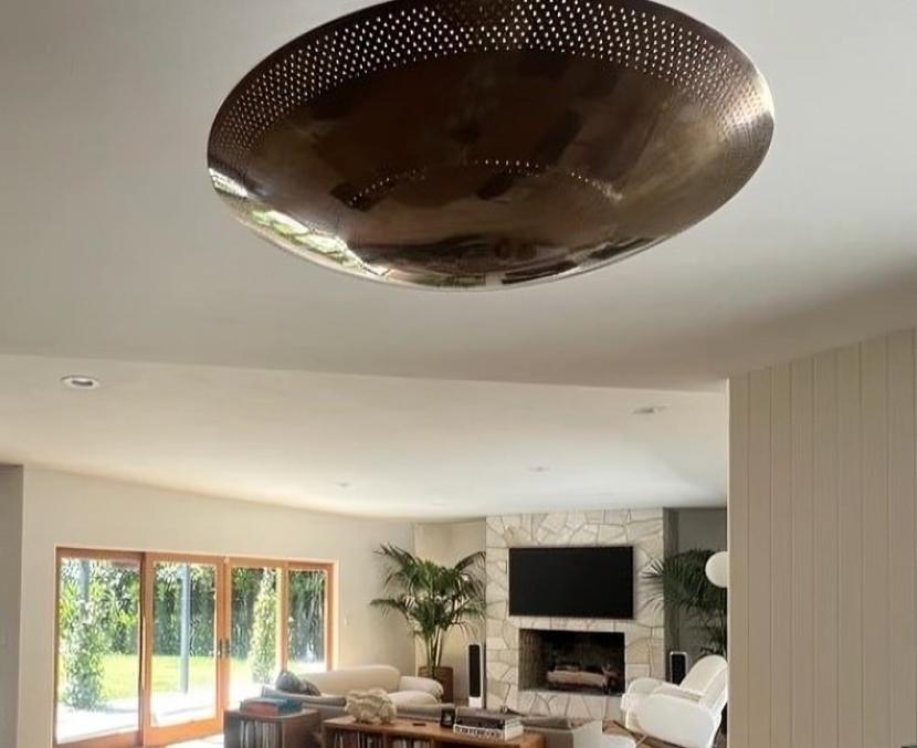 Perforated Dome Shape Rey Chandelier Semi Flush Mount Ceiling Light Fixture, Mid Century Modern Paavo Tynell Style 6 Light Brass Chandelier