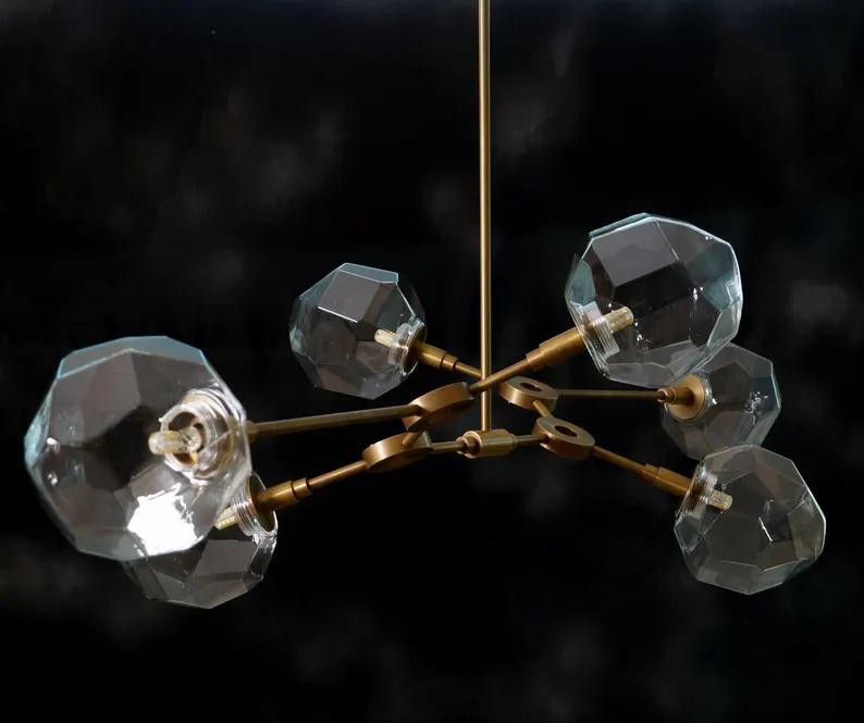 Mid Century Six Arm Clear Globe Light Brass Ceiling Sputnik Chandelier Pendant Light Fixture, Handcrafted Vintage Style Ceiling Lighting