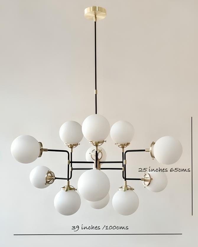 Mid Century Modern Bistro Glass Globe Large Chandelier, Handcrafted Brass Ceiling Light, 12 Glass Globe Custom Design Sputnik Light Fixture
