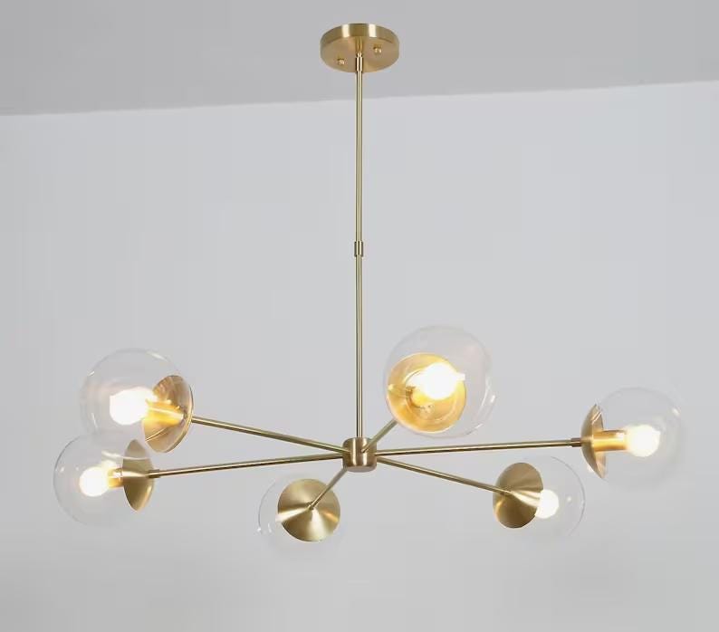 Gorgeous 6 Light Glass Globe Mid Century Modern Sputnik Brass Chandelier, Handcrafted Ceiling Light Customizable Pendant Light Fixture