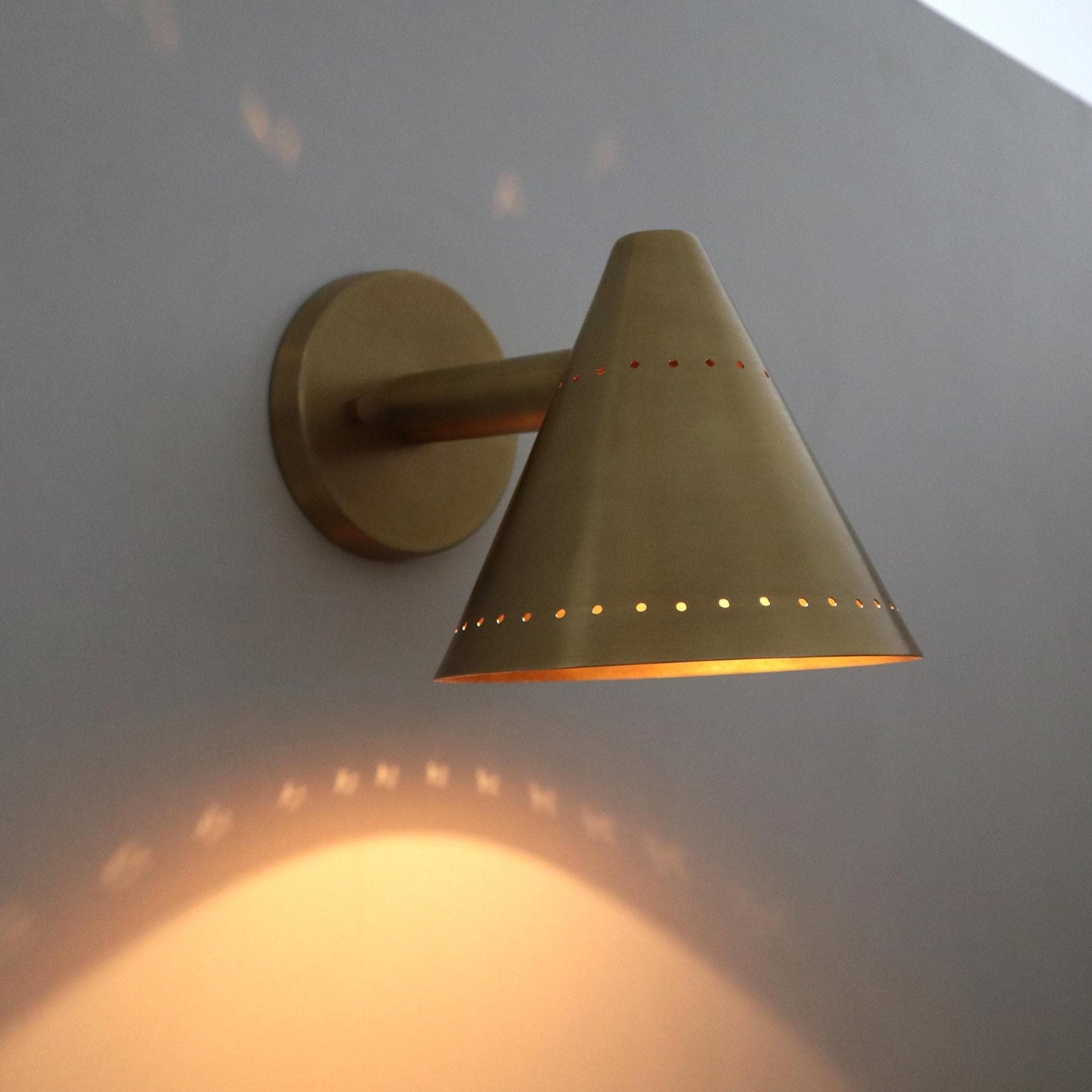 Perforated Conical Brass Pivot Wall Sconce, Mid Century Modern Handcrafted Raw Brass Industrial Style Wall Light Lamp