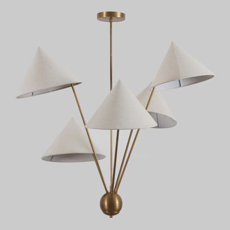 Italian Linen Shade Mantis Chandelier Brass Sputnik Chandelier, Mid Century Modern Conical Ceiling Light Fixture Art Deco Wabi Sabi 5 Lights