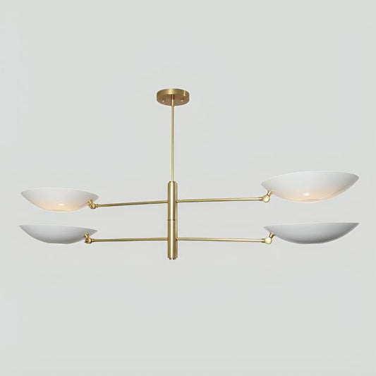 White Disk Counterbalance Shade Brass Chandelier, Mid Century Modern Stilnovo Style Counterweight Handcrafted Brass Ceiling Light Fixture