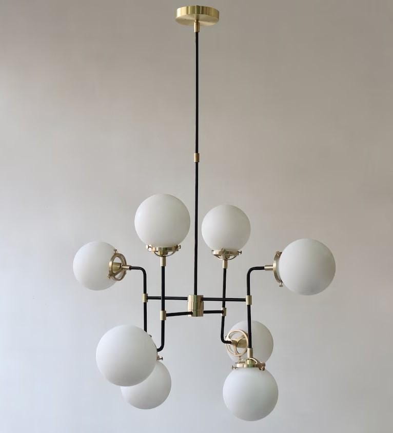 Mid Century Modern Bistro Globe Chandelier, Handcrafted Brass Bubble Ceiling Light, Modern 8 Glass Globe Hanging Light Fixture Art Deco