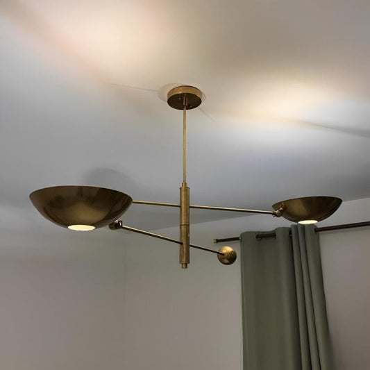 2 Shade Counterbalance Disk Brass Chandelier, Mid Century Modern Stilnovo Style Counterweight Brass Ceiling Light Fixture Sputnik Chandelier