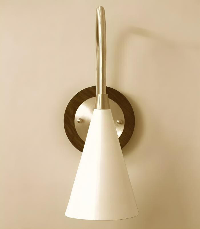 Salona Enamel Shade Brass Wall Sconce With Wood Canopy, Mid Century Modern Single Light Wall Lamp, Handmade Vintage European Inspired Light