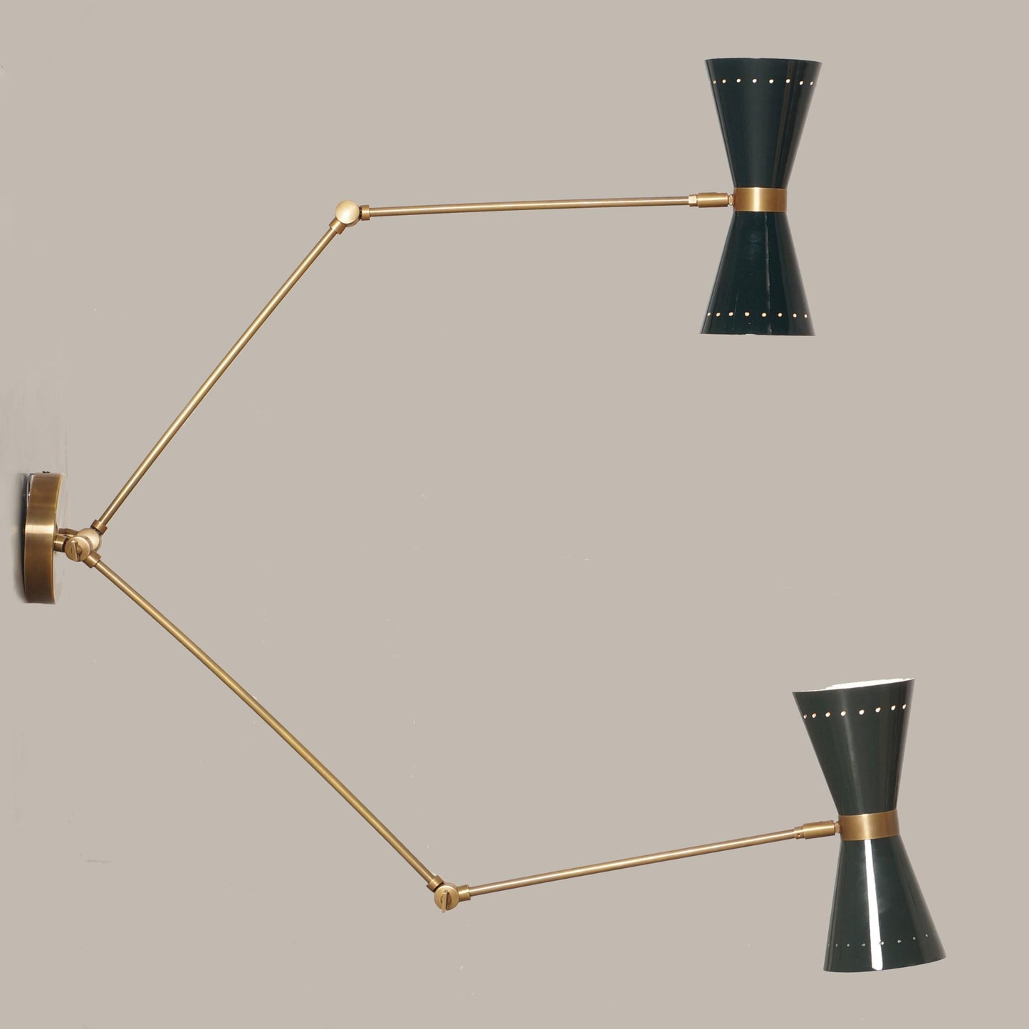 Stilnovo Style Diabolo Adjustable Twin Wall Sconce, Handcrafted Articulated Double Brass Wall Lamp, Mid Century Style Solid Brass Wall Light