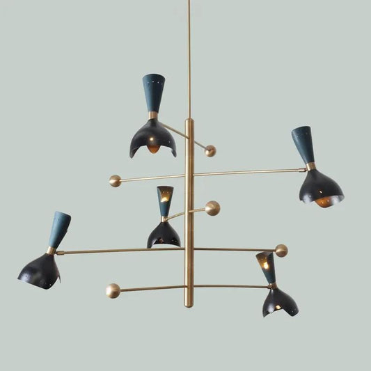 Stillnovo Style Counterbalance Diabolo Cut-out Chandelier, 5 Arm Italian Style Counterweight Sputnik Chandelier, Brass Ceiling Light Fixture