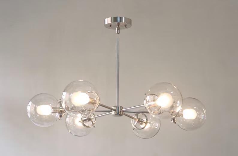 Gorgeous 6 Light Glass Globe Mid Century Sputnik Brass Chandelier, Modern Handcrafted Ceiling Light Pendant Light Fixture