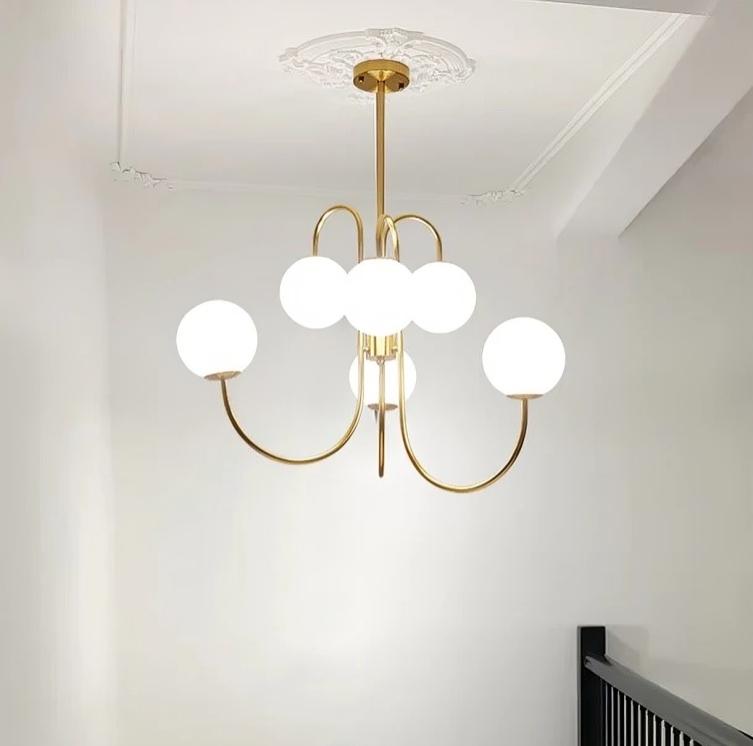 Mid Century Modern Bubble Gooseneck Chandelier 6 Globe, Handcrafted Lamp Ceiling Light Brass Light Globe Chandelier Design Light Fixture