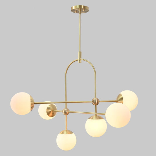 Elegant Arco Brass Globe Chandelier, Mid Century Modern Brass High Ceiling Light Fixture, Glass Globes Dreamy Bubble Chandelier 6 Lights