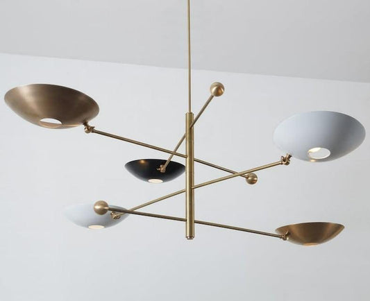 Counterbalance 5 Curved Disk Brass Chandelier, Mid Century Modern 5 Light Disk Shade Lamp, Stilnovo Counterweight Ceiling Light Fixture
